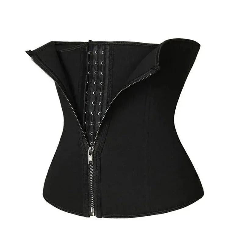 Black adjustable waist corset with front zipper, flat lay