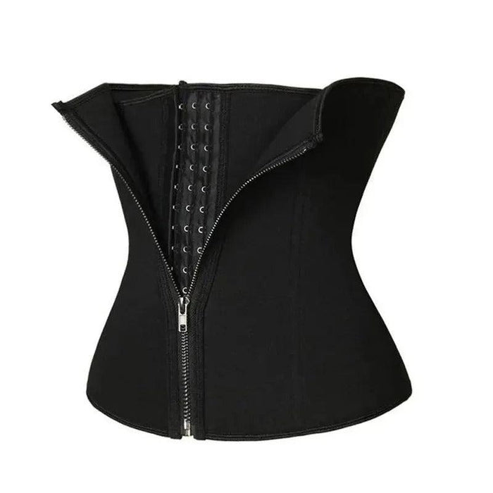 Black adjustable waist corset with front zipper, flat lay