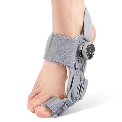 Gray bunion toe splint worn on foot side view