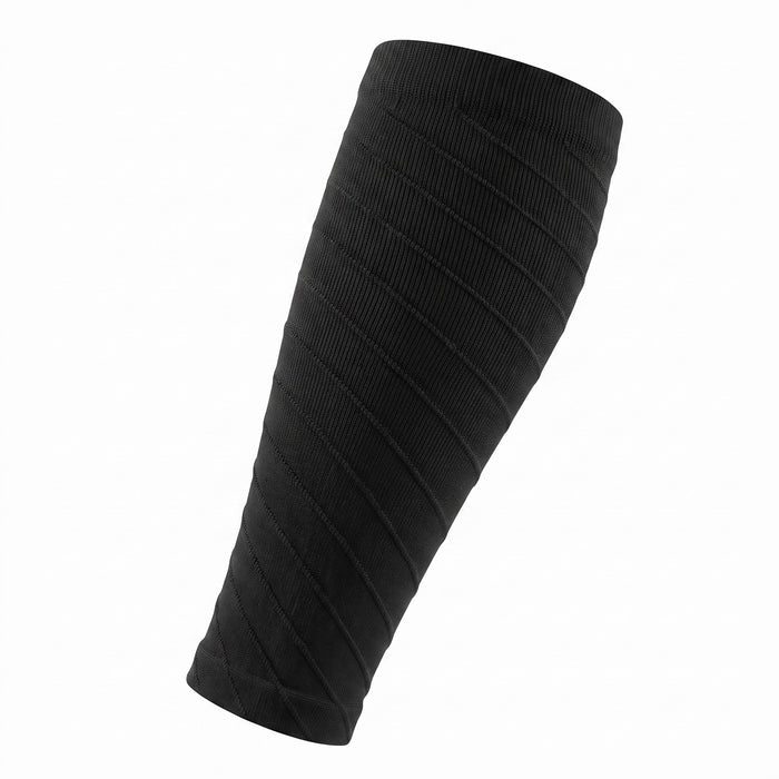 Black ribbed compression calf sleeve on white background