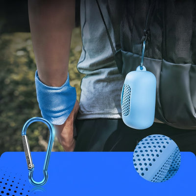 Blue cooling towel wrapped around wrist with silicone case on backpack