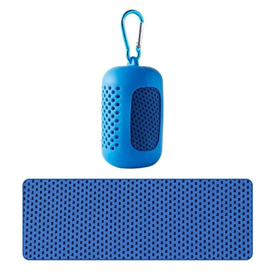 Blue cooling towel and silicone case with carabiner on white background