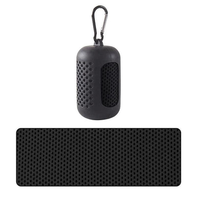 Black cooling towel and silicone case with carabiner on white background