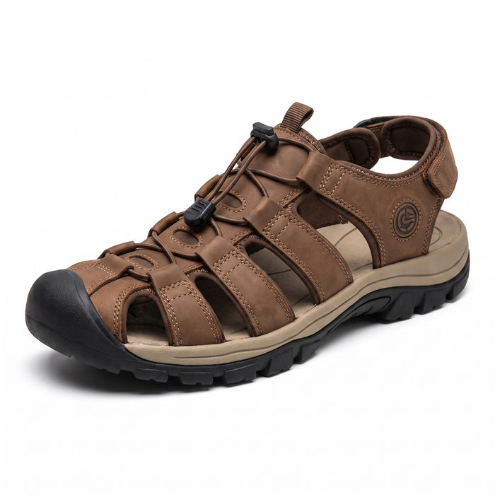 Brown covered-toe hiking sandal three-quarter view
