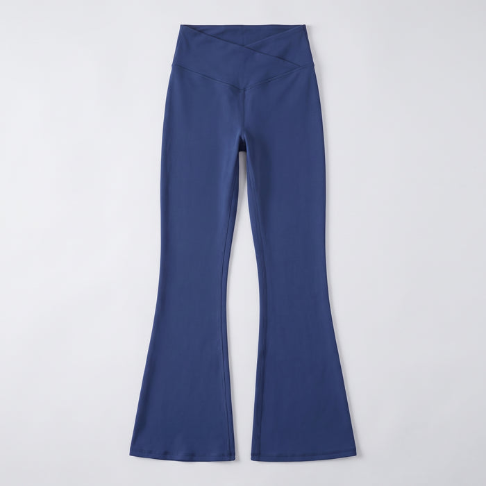 High-waisted navy bootcut leggings flat lay front view