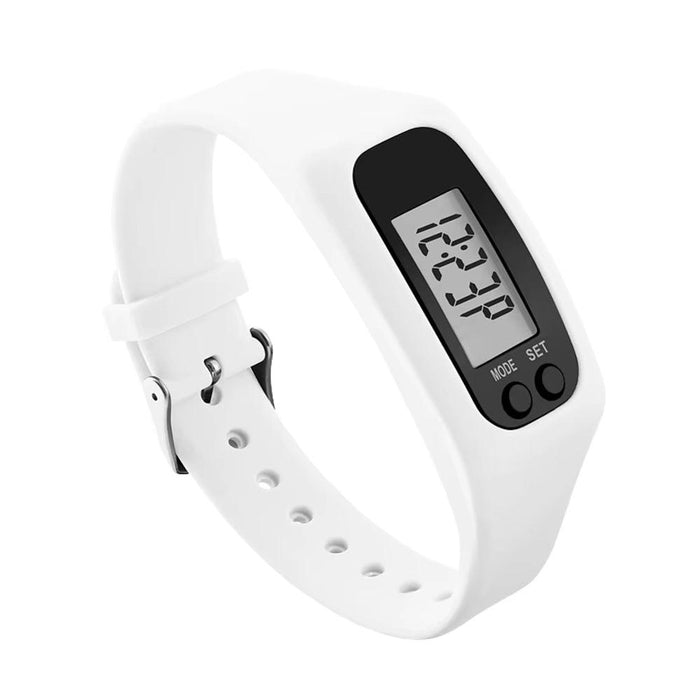 White silicone pedometer watch with LCD display