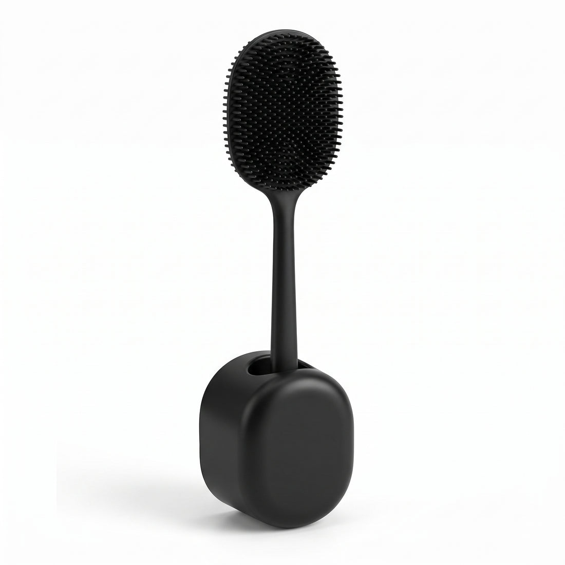 Black silicone toilet brush standing in matching wall holder