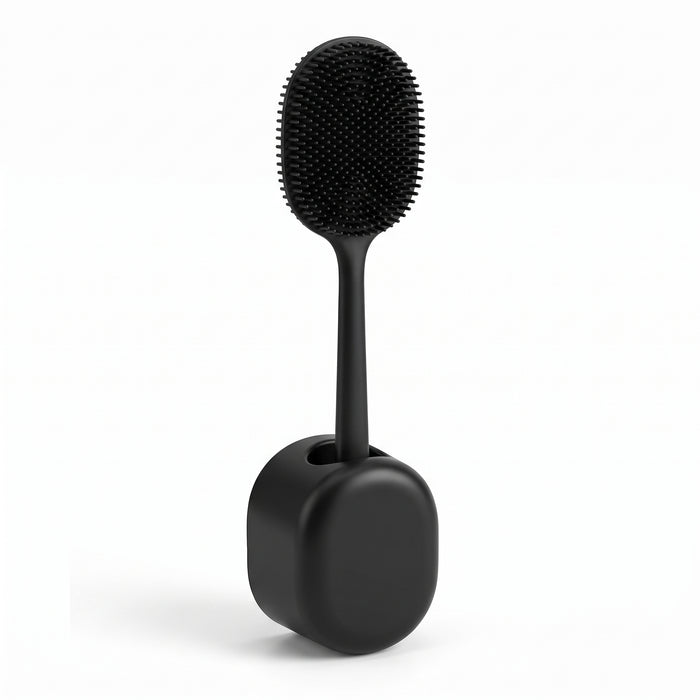 Black silicone toilet brush standing in matching wall holder