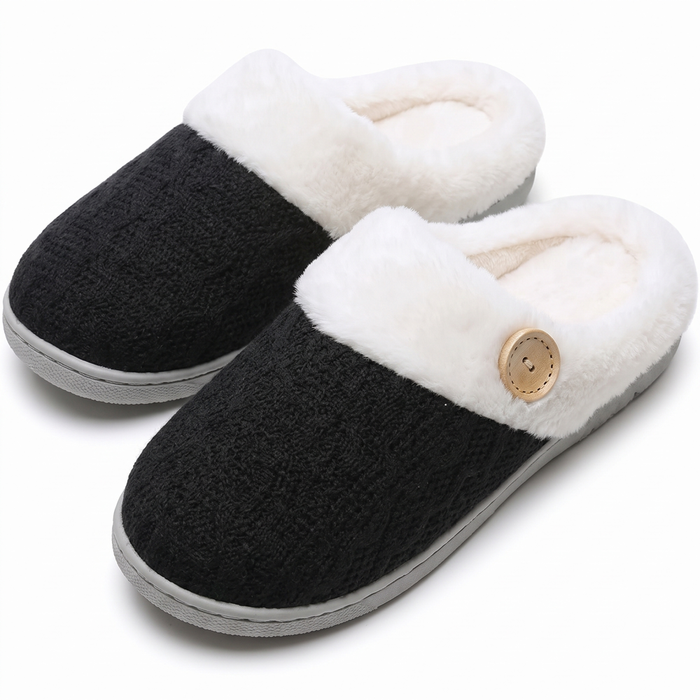 Black knit slippers with white faux-fur cuff on white background