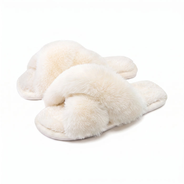 Cream-white fluffy faux-fur crossed-strap slide slippers