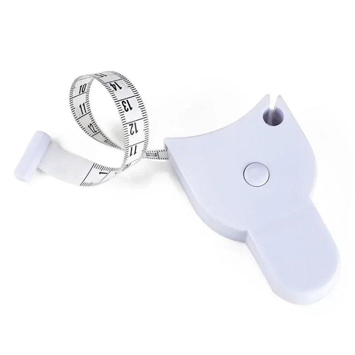 White automatic tape measure with tape coiled beside housing