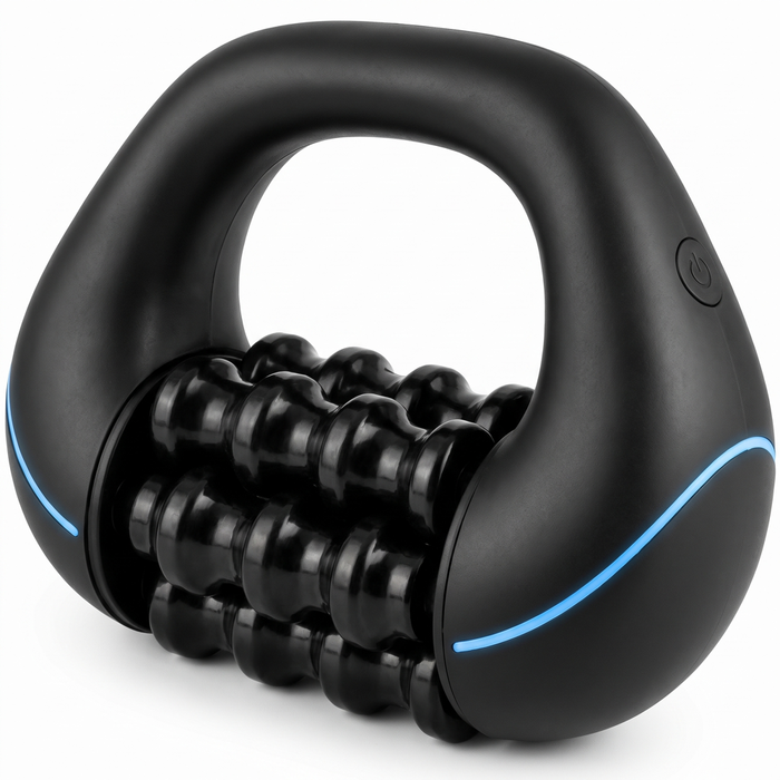 Electric massage roller with grooved rollers and blue LED accent