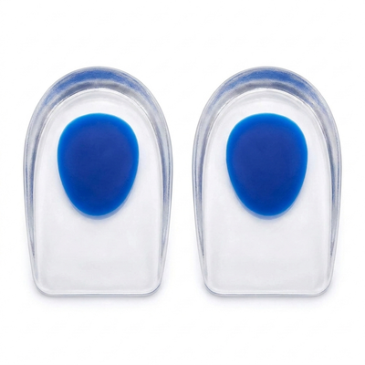 Front view of two gel heel cups showing blue gel cushion pads