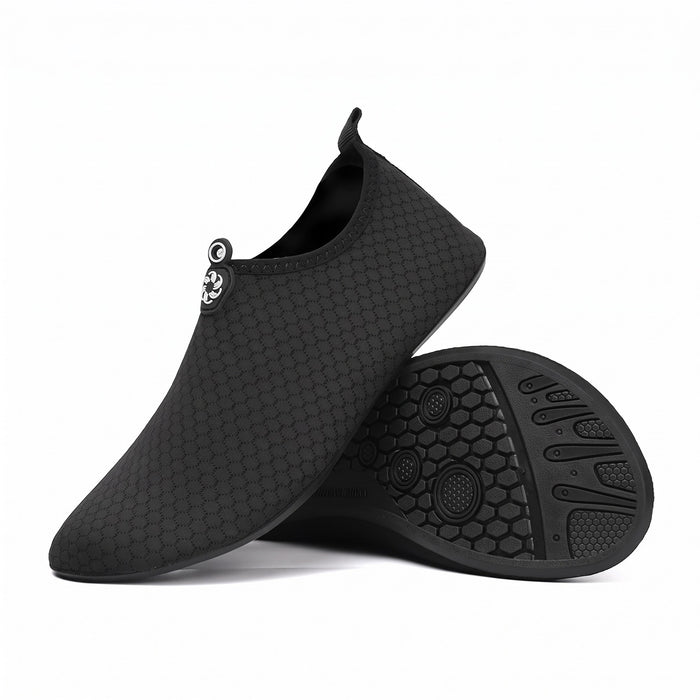 Black anti-slip water shoes, pair showing sole and upper