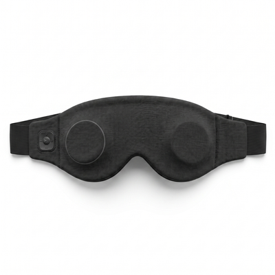 Black Bluetooth sleep mask flat lay top-down view showing full front and strap