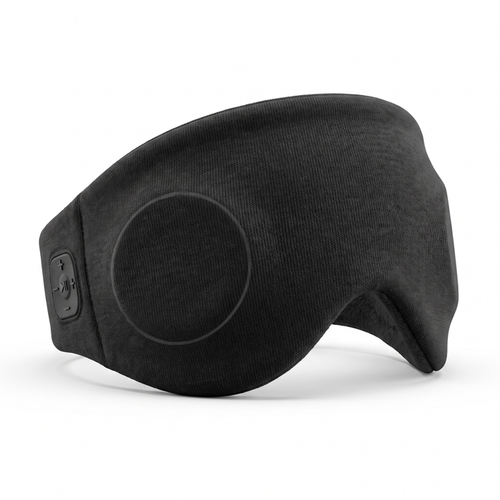 Black Bluetooth sleep mask on white background, side buttons and speaker visible