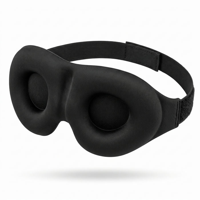 3D contoured black sleep mask on white background