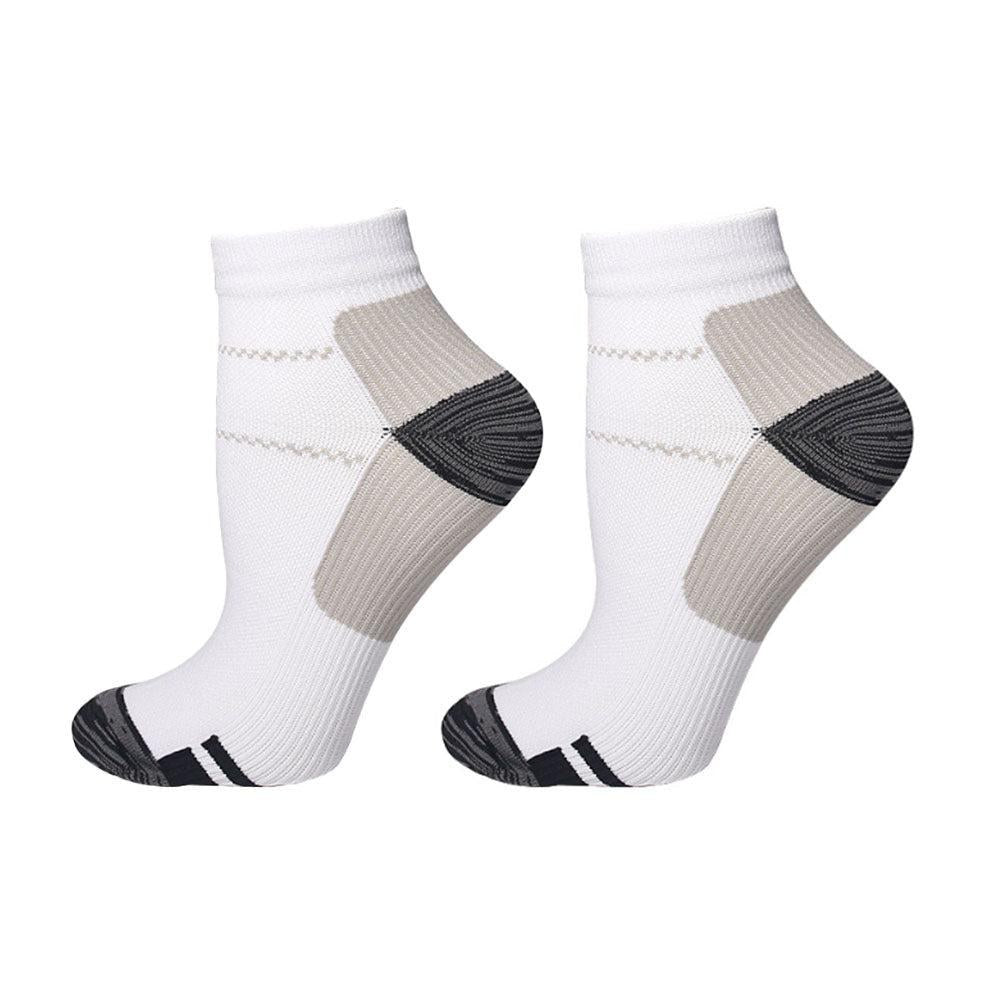 Gray compression ankle socks pair on white background