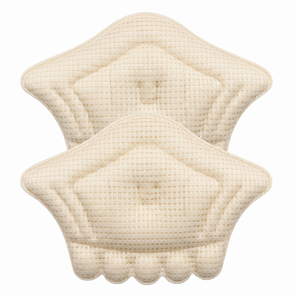 Pair of beige heel cushion pads on white background, mesh fabric surface