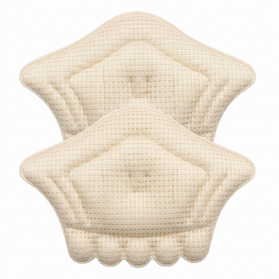 Pair of beige heel cushion pads on white background, mesh fabric surface