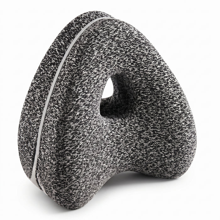 Gray knit memory foam knee pillow on white background