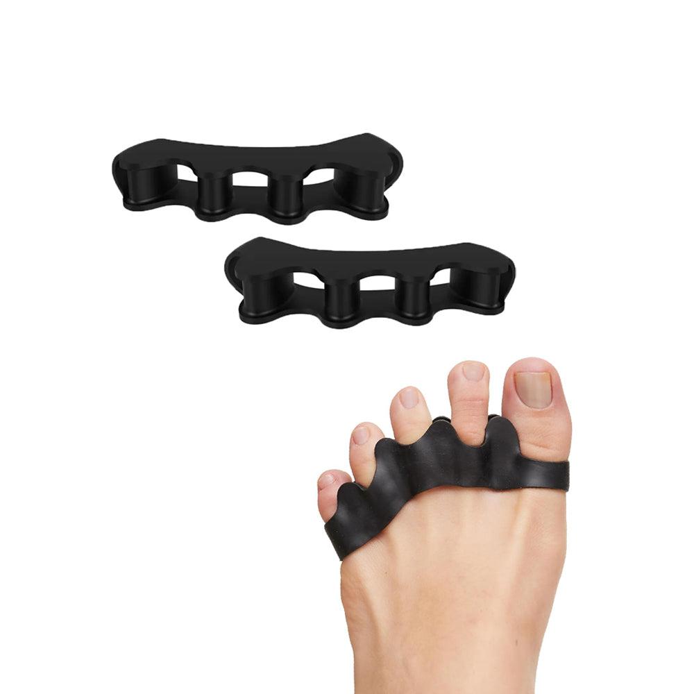 Black silicone toe separator worn on foot
