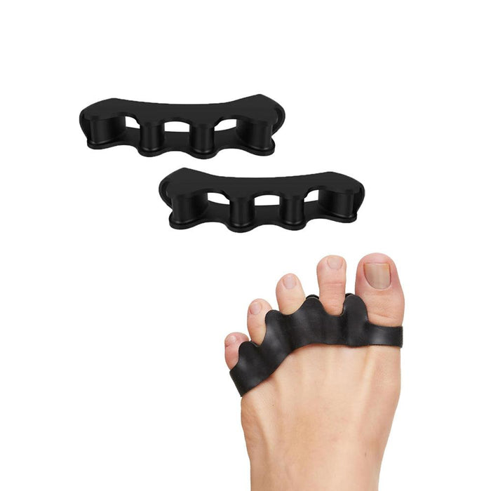 Black silicone toe separator worn on foot