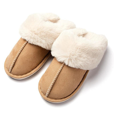 Beige plush fleece-lined house slippers pair on white background