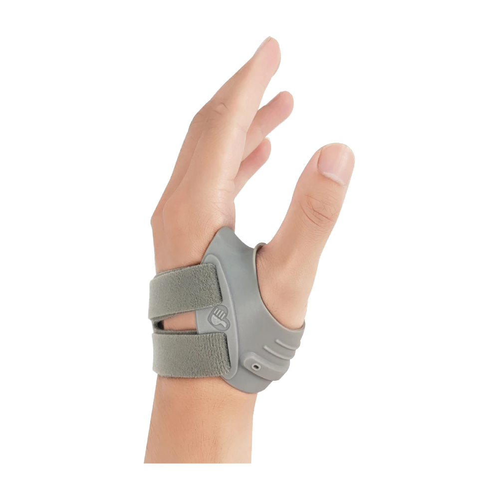 Gray CMC thumb brace worn on left hand