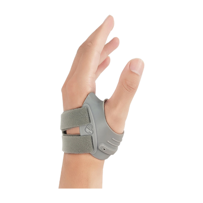 Gray CMC thumb brace worn on left hand