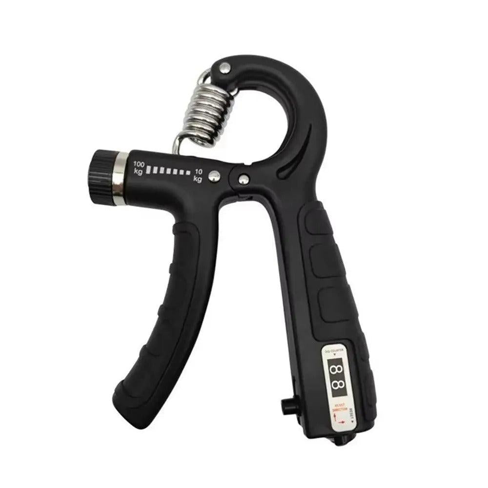 Black adjustable hand grip strengthener on white background