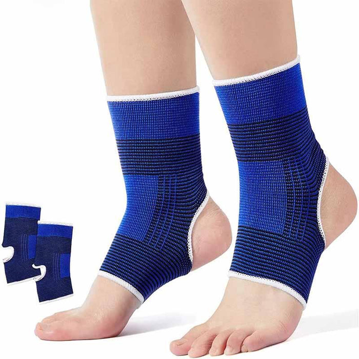 Pair of blue compression ankle sleeves on white background