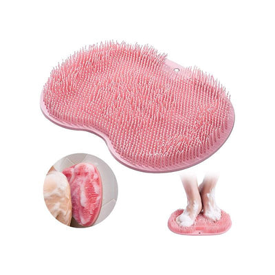 Pink silicone foot scrubber mat on white background with in-use shots
