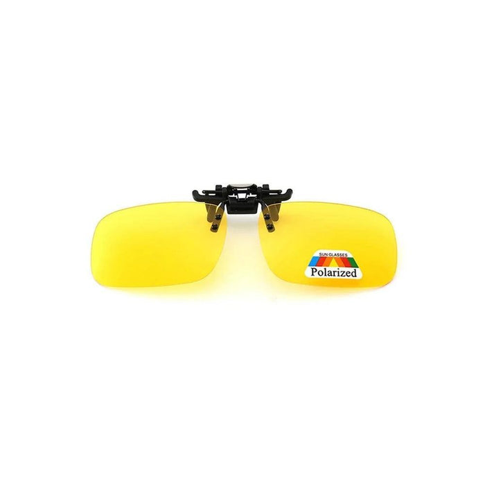 Yellow polarized clip-on glasses on white background, front view