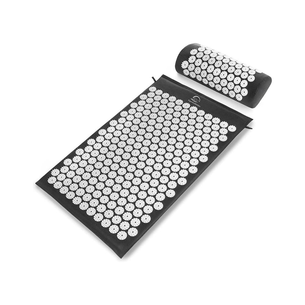 Black acupressure mat and cushion with spike discs