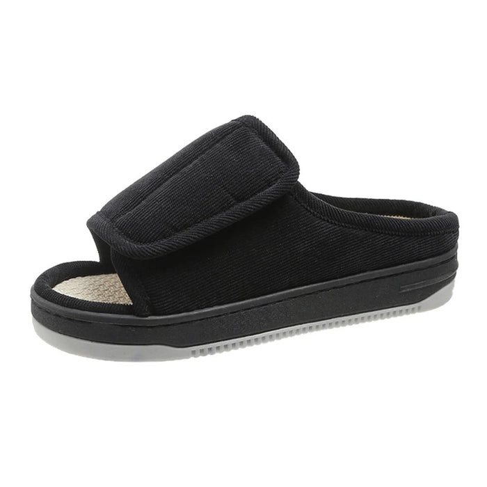 Black open-toe slipper with adjustable velcro strap