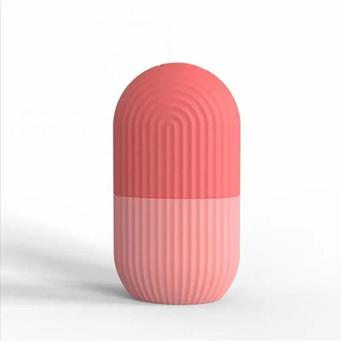 Closed red silicone ice roller case standing upright