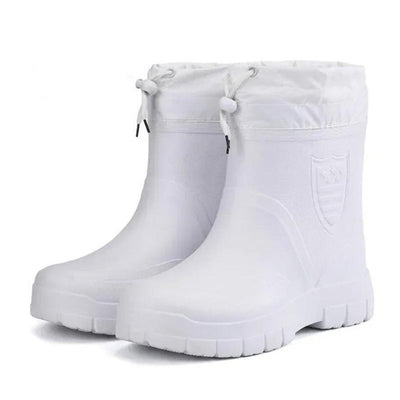 White waterproof winter boot pair on white background