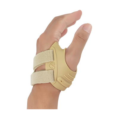 Beige thumb brace worn on left hand