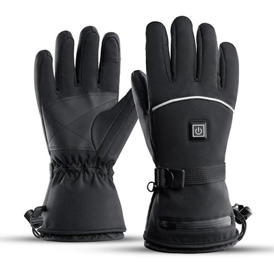 Pair of black heated gloves with power button and wrist strap