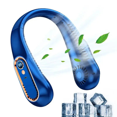 Blue portable neck fan with built-in fan blades