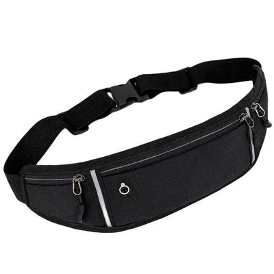 Black running belt with three zippered compartments on white background