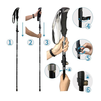 Step by step assembly instructions for foldable walking poles