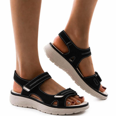 Black arch support sandals showing wedge sole and straps
