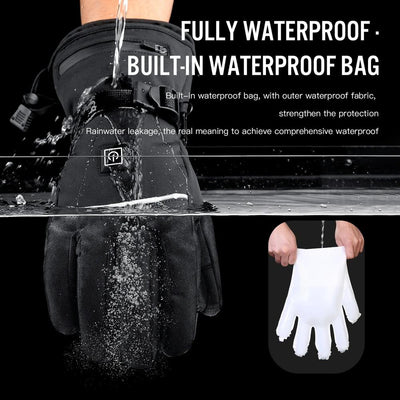 Waterproof heated glove tested under running water with liner inset