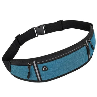 Blue adjustable running waist belt on white background