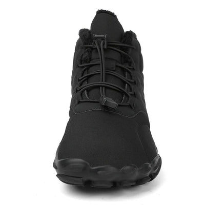 Front view of laced black barefoot winter boot