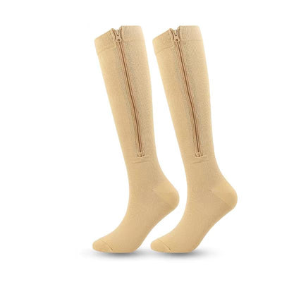 Beige knee-high compression stocking with front zipper