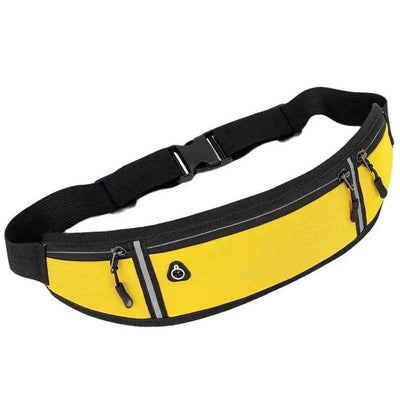 Yellow running belt showing reflective strip and earphone port
