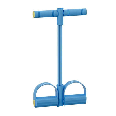 Blue foot pedal resistance band trainer on white background